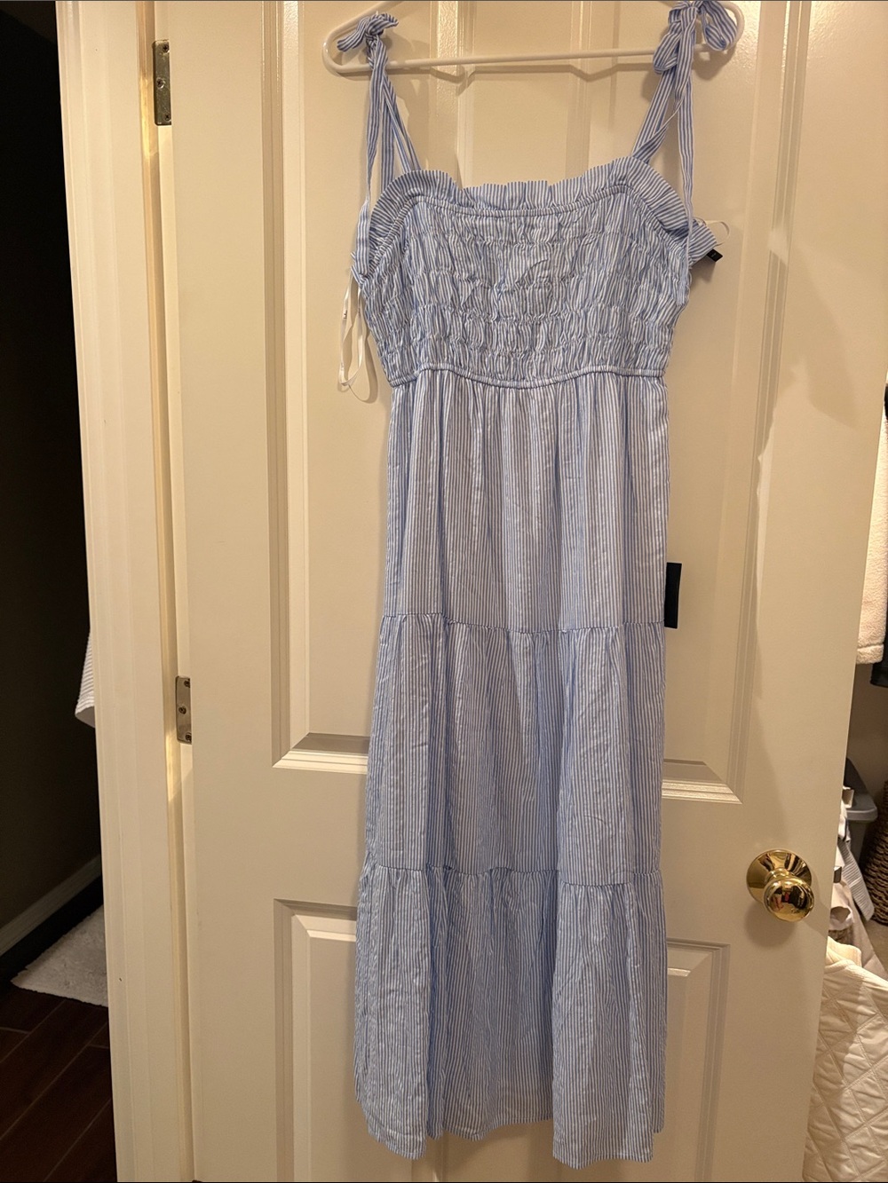 Lulu's Light Blue & White Striped Tie-Shoulder Midi Dress